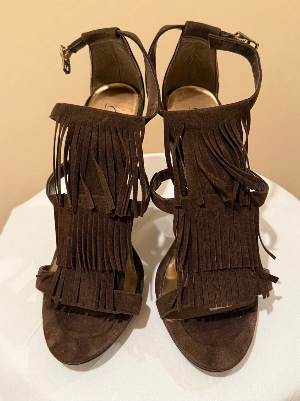 Delicious Brown Suede Multi-Tiered Fringe High Heel Sandals Size 9